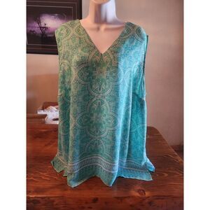Cynthia Rowley Women's Teal Fun Print Tank Top Size 3X Flowy Sleeveless Blouse